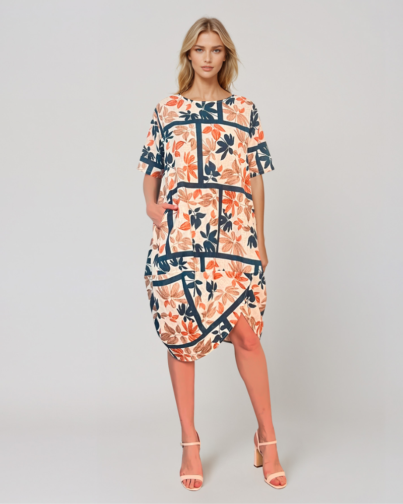 Rochie stil balon cu buzunare și print bleumarin PR909