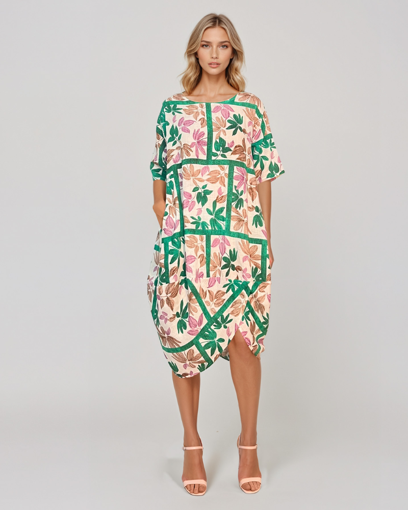 Rochie stil balon cu buzunare și print verde PR909