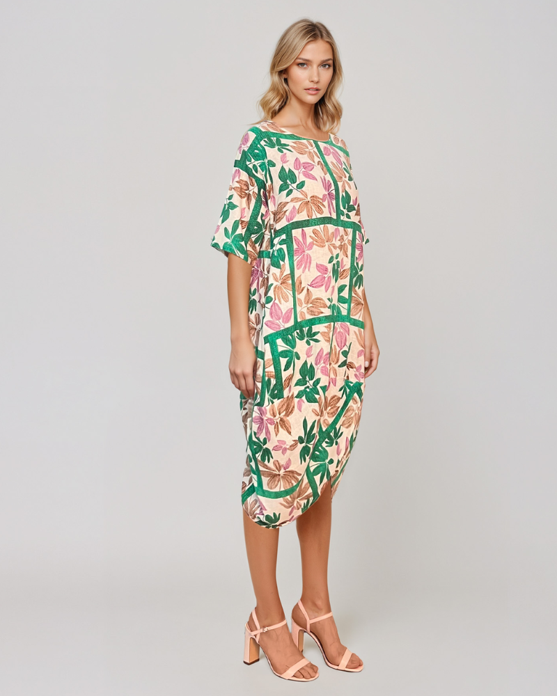 Rochie stil balon cu buzunare și print verde PR909