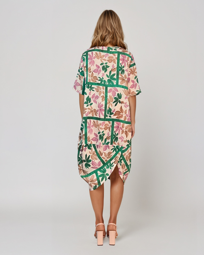Rochie stil balon cu buzunare și print verde PR909