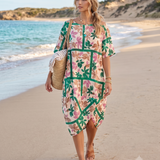 Rochie stil balon cu buzunare și print verde PR909