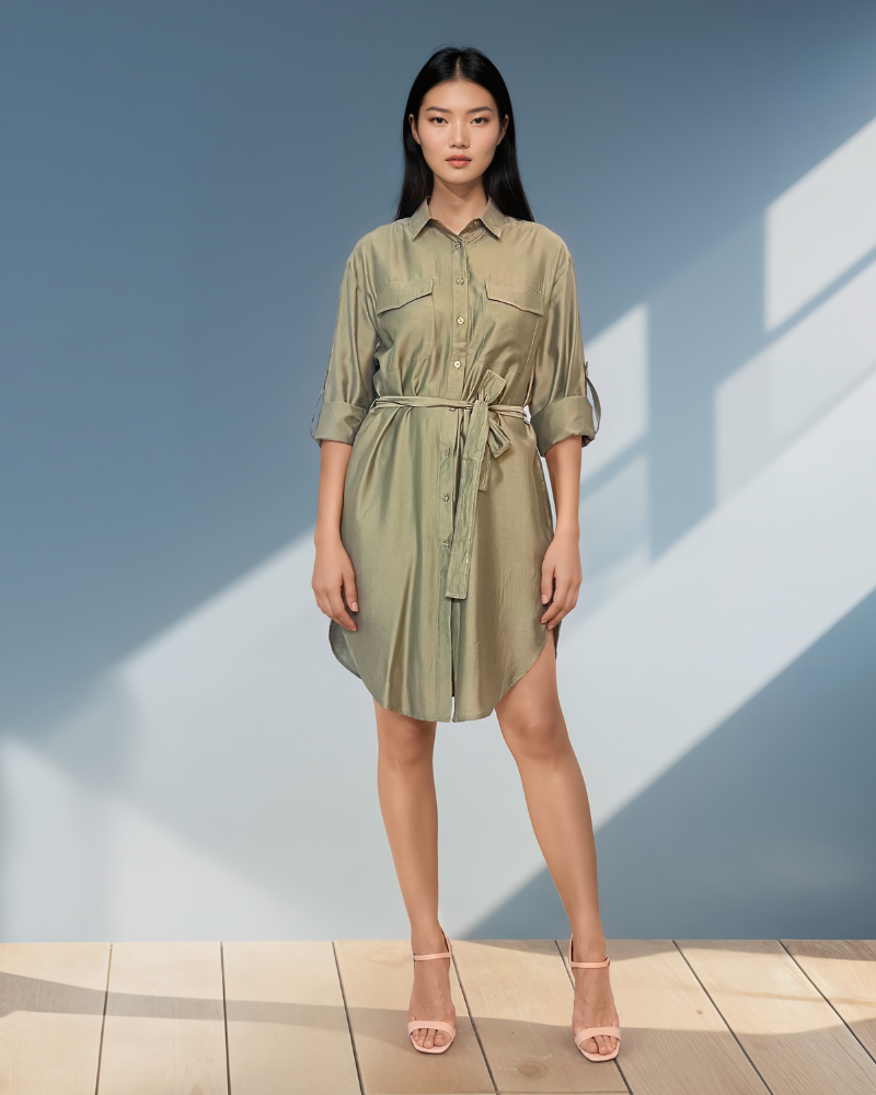 Rochie stil cămașă cu cordon kaki HL055