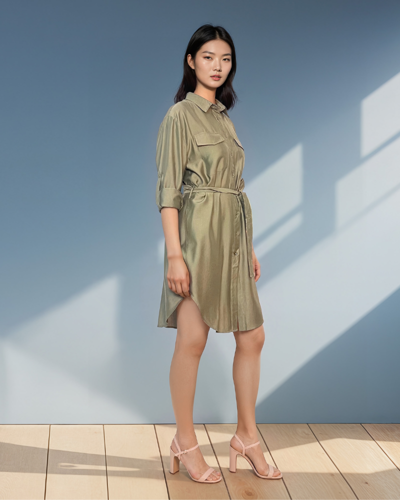 Rochie stil cămașă cu cordon kaki HL055