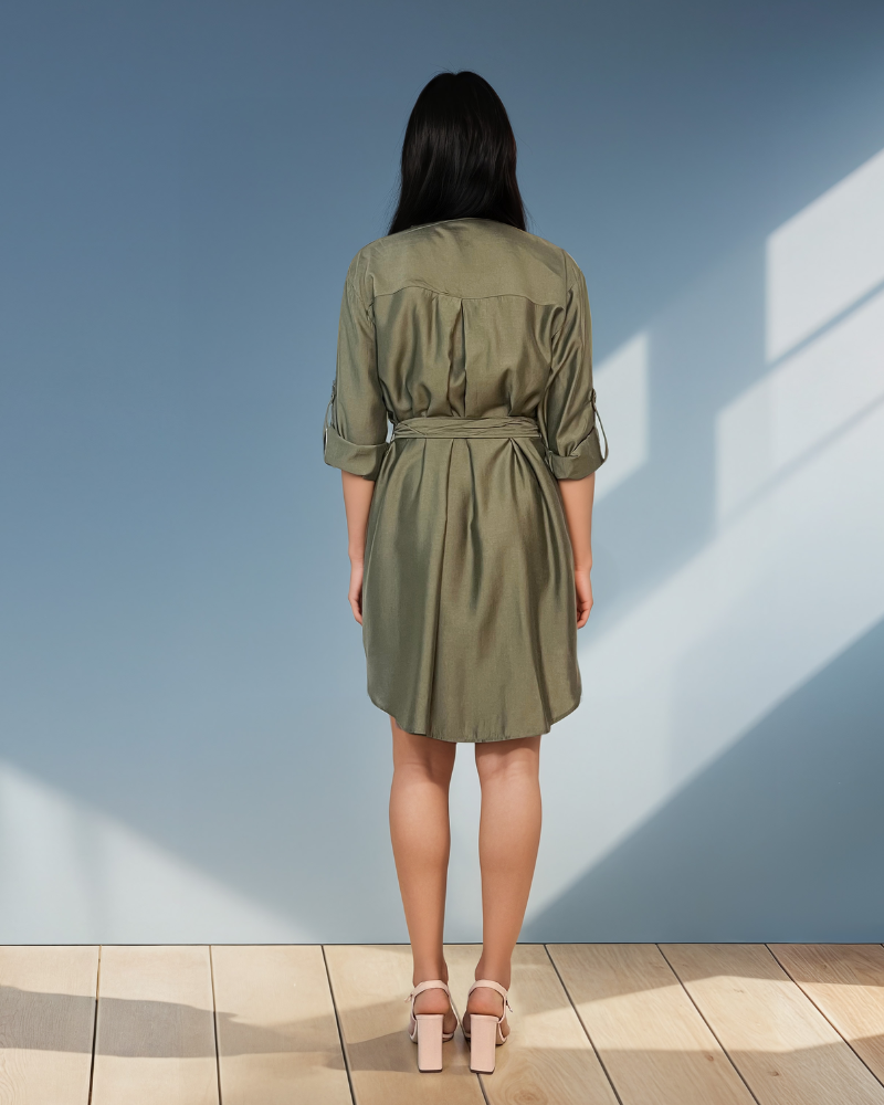 Rochie stil cămașă cu cordon kaki HL055