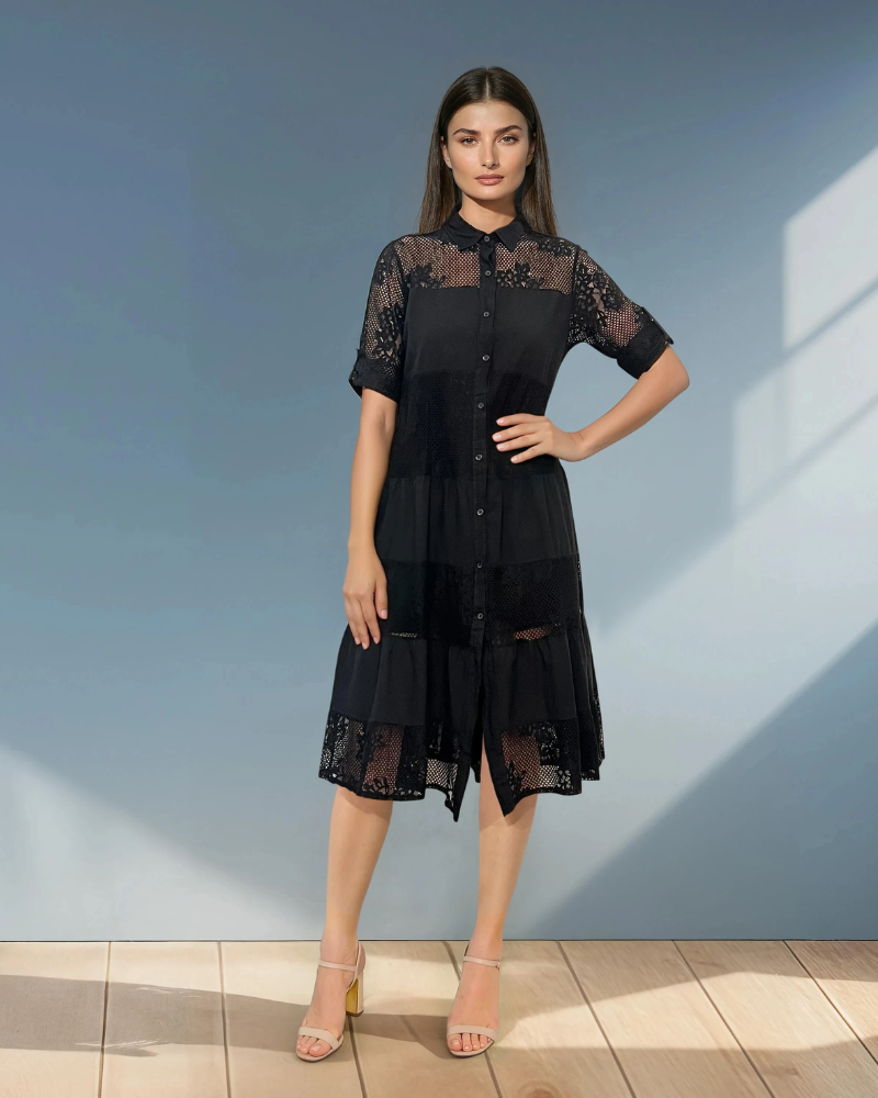 Rochie stil cămașă cu inserție din plasă negru 