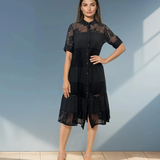 Rochie stil cămașă cu inserție din plasă negru 