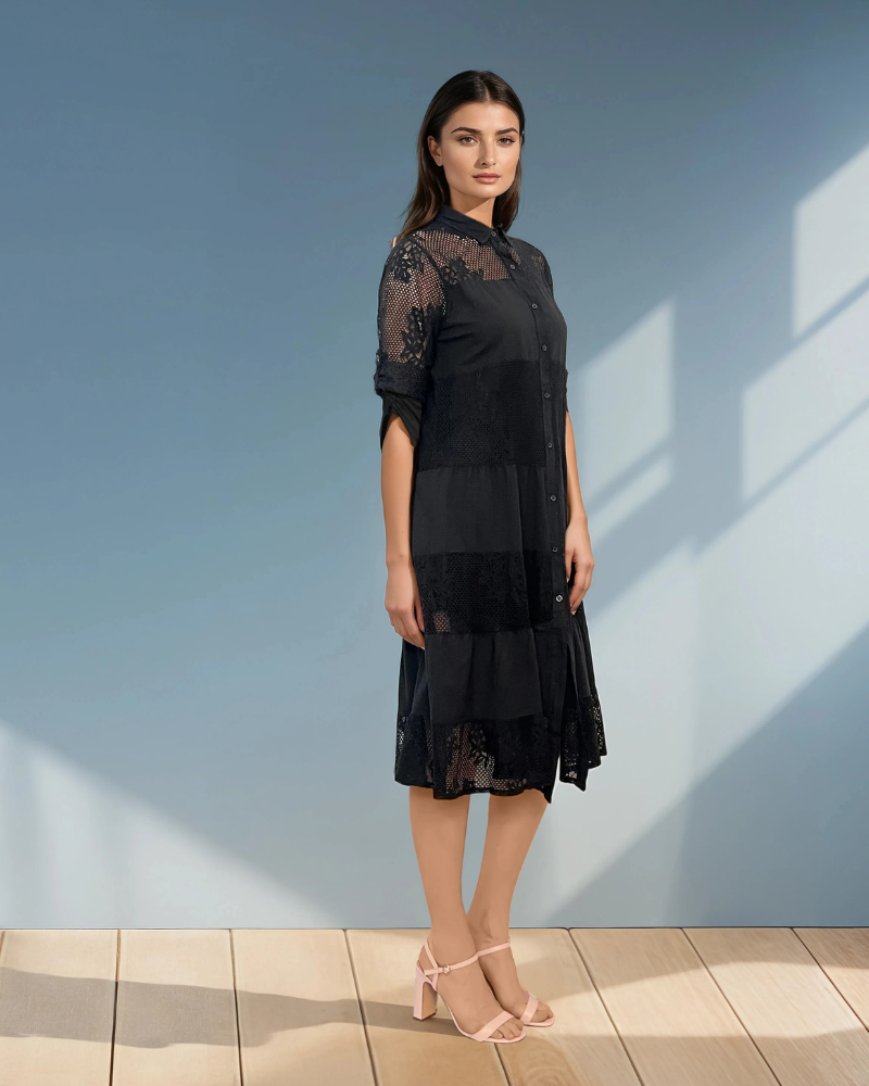 Rochie stil cămașă cu inserție din plasă negru 