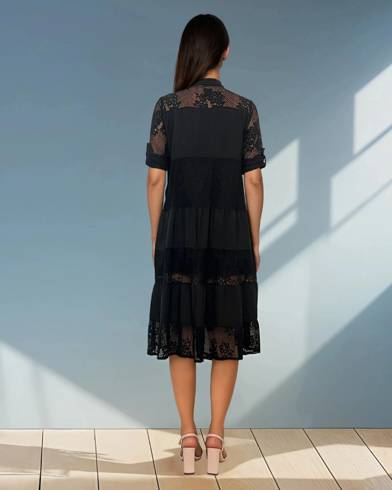 Rochie stil cămașă cu inserție din plasă negru 