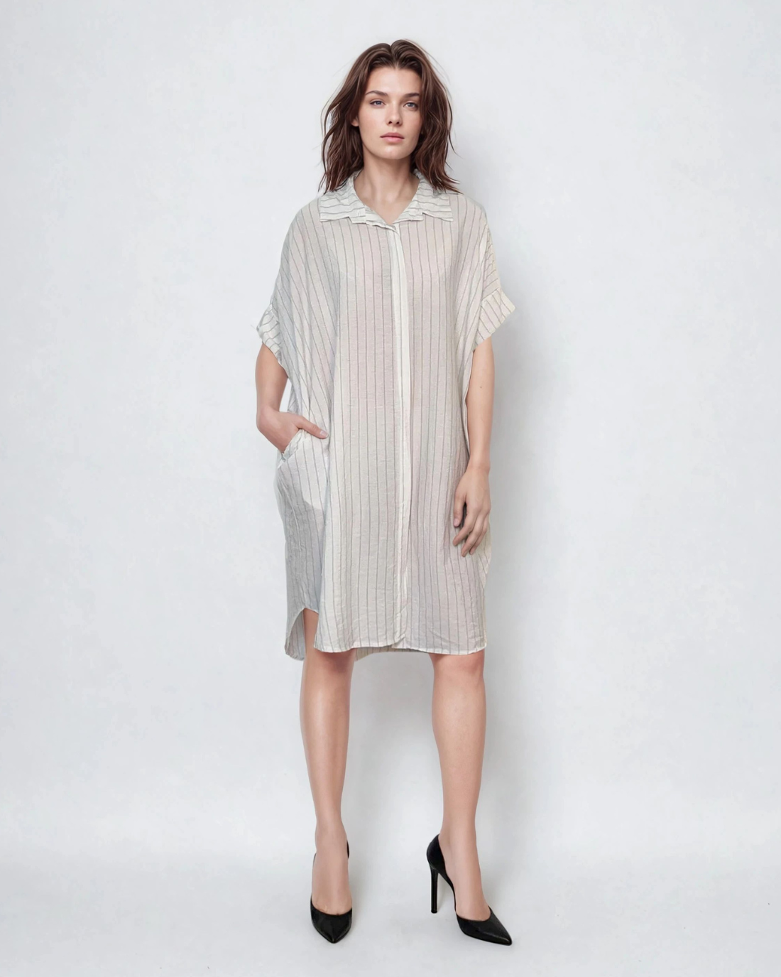 Rochie stil cămașă din in cu dungi alb 