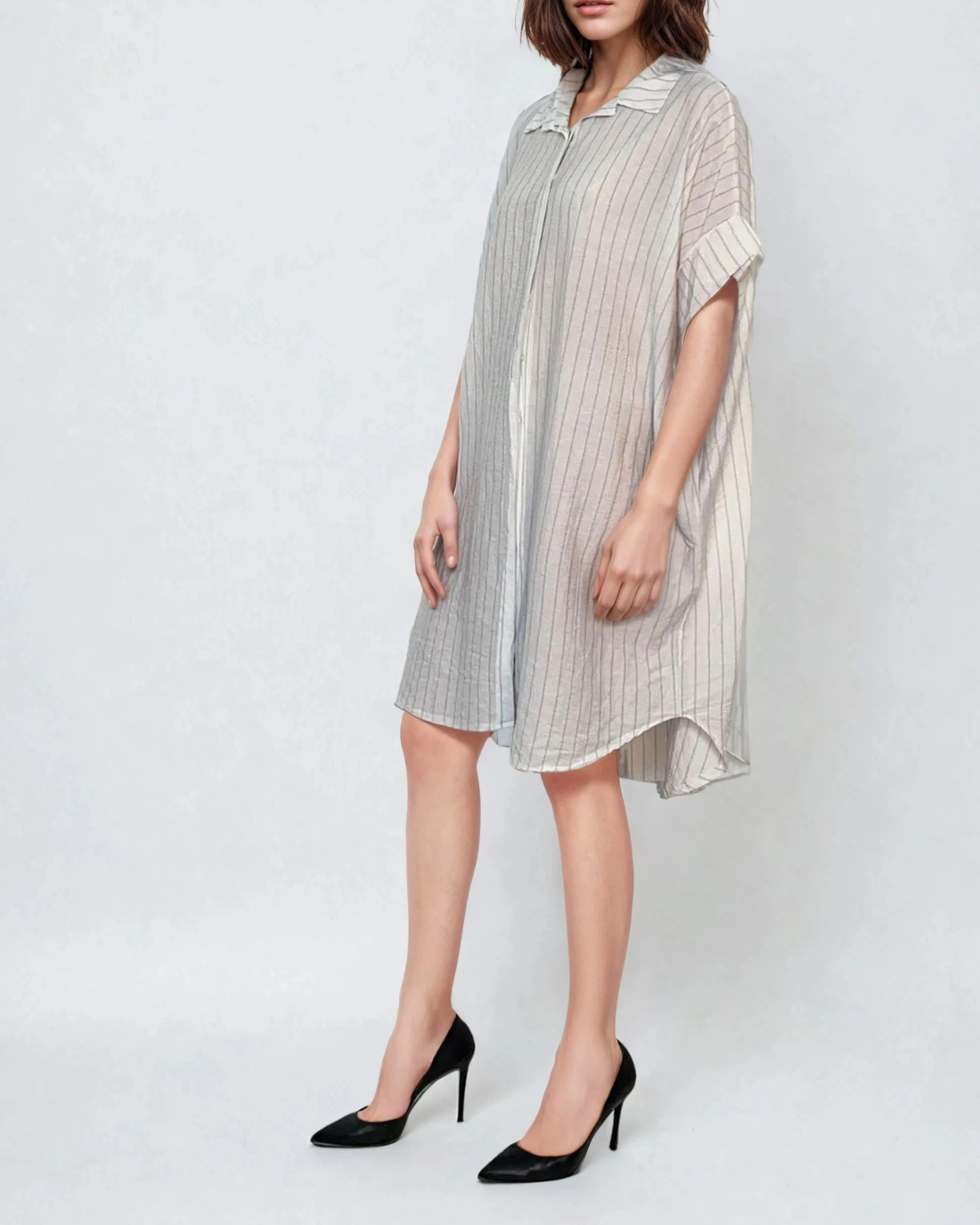 Rochie stil cămașă din in cu dungi alb 