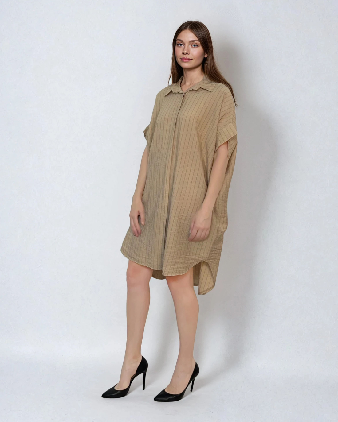 Rochie stil cămașă din in cu dungi beige 