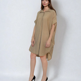 Rochie stil cămașă din in cu dungi beige 