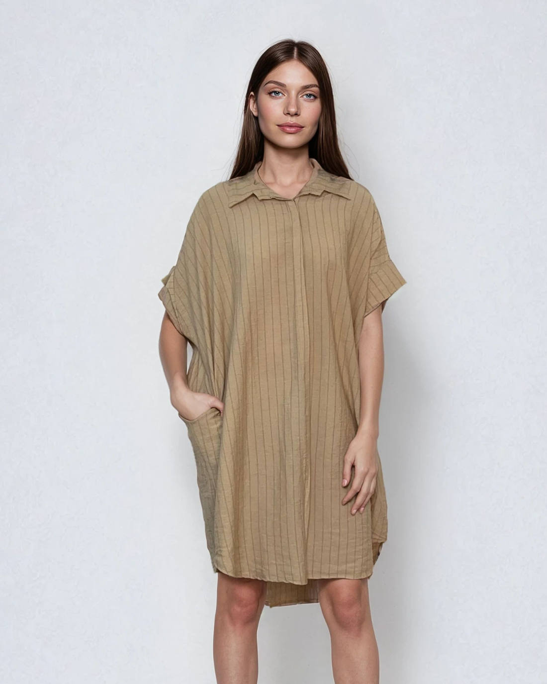 Rochie stil cămașă din in cu dungi beige 