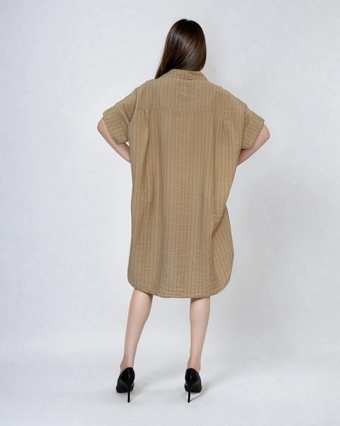 Rochie stil cămașă din in cu dungi beige 