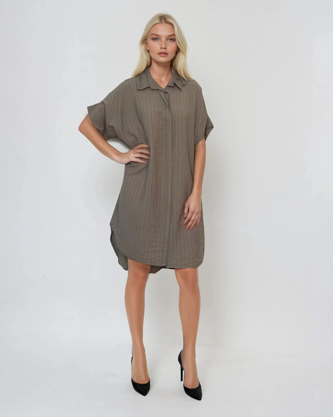 Rochie stil cămașă din in cu dungi grej 