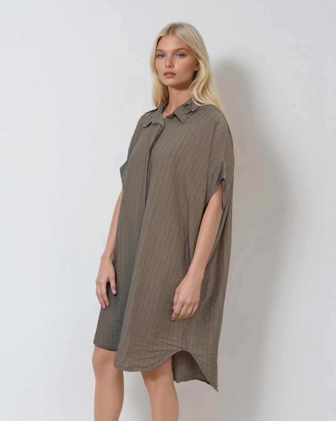 Rochie stil cămașă din in cu dungi grej 