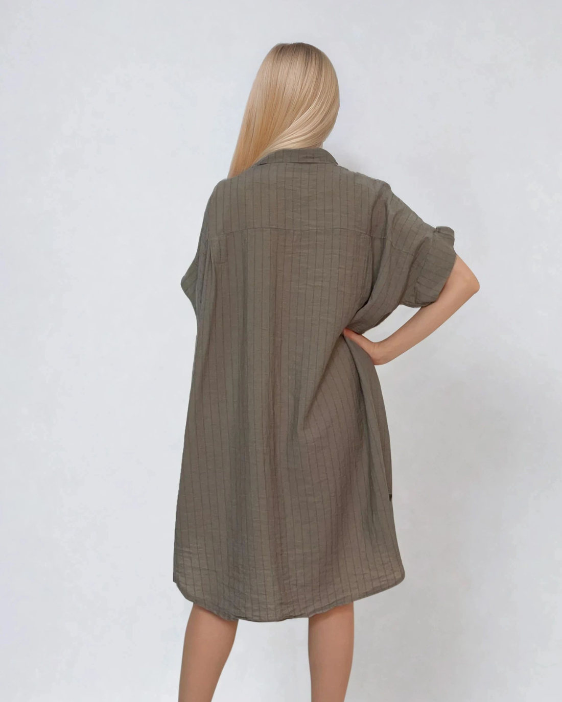 Rochie stil cămașă din in cu dungi grej 