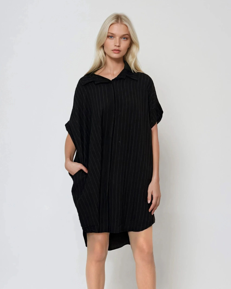 Rochie stil cămașă din in cu dungi negru 