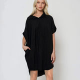 Rochie stil cămașă din in cu dungi negru 