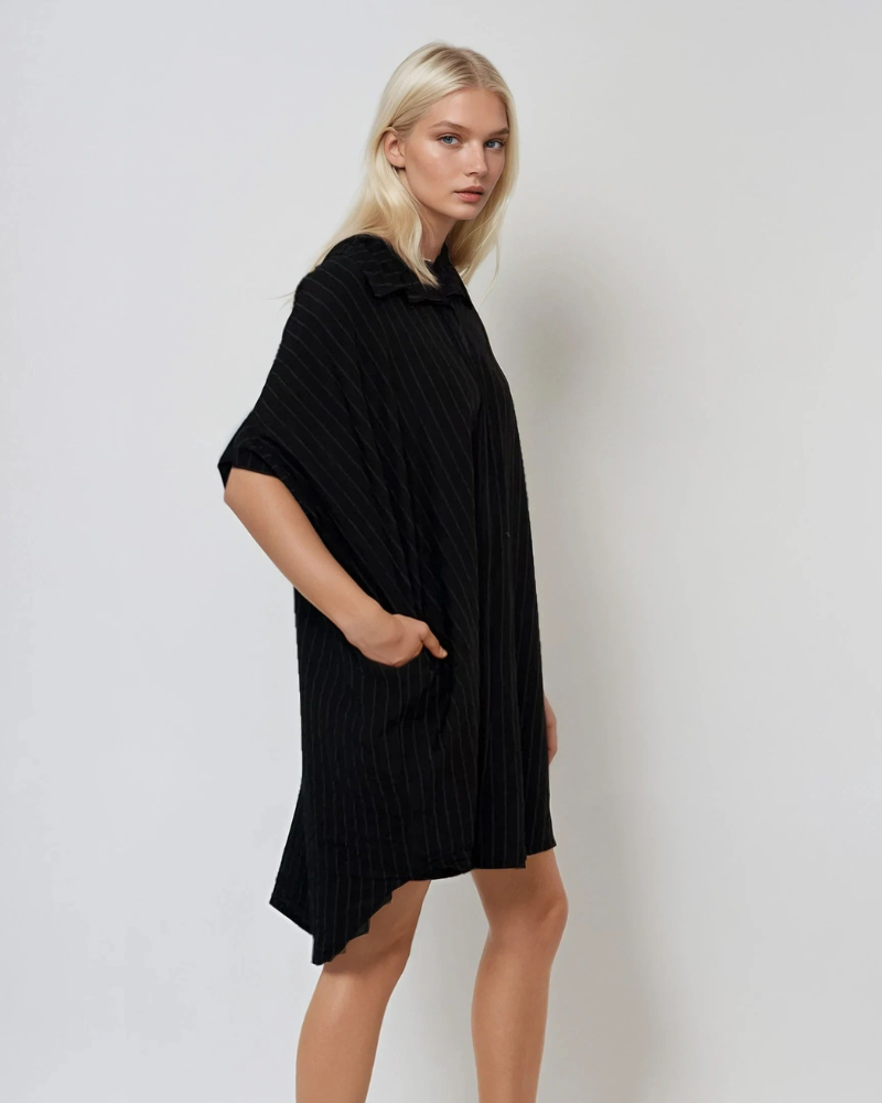 Rochie stil cămașă din in cu dungi negru 