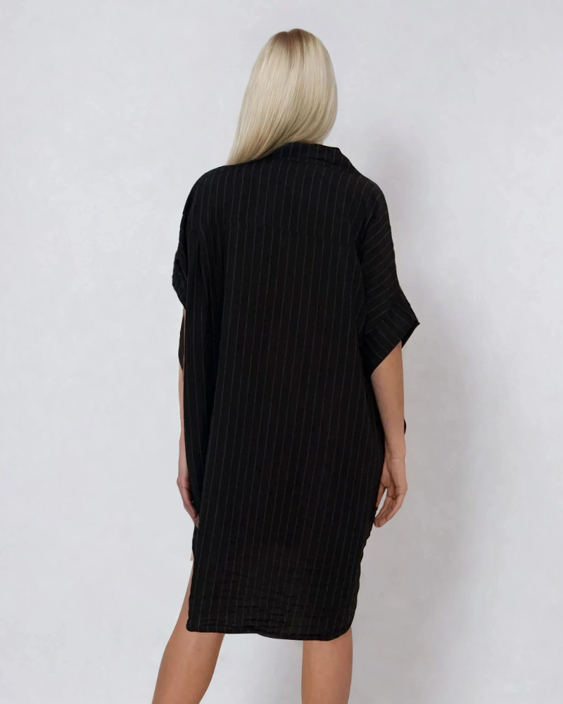 Rochie stil cămașă din in cu dungi negru 