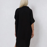 Rochie stil cămașă din in cu dungi negru 