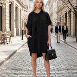 Rochie stil cămașă din in cu dungi negru 