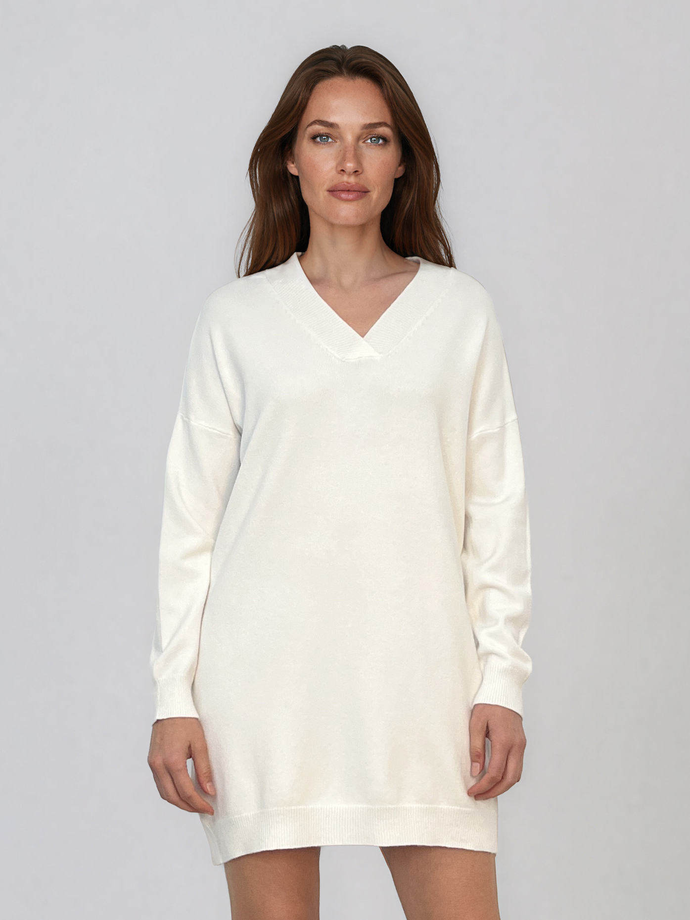 Rochie tip pulover cu decolteu în V alb HL246