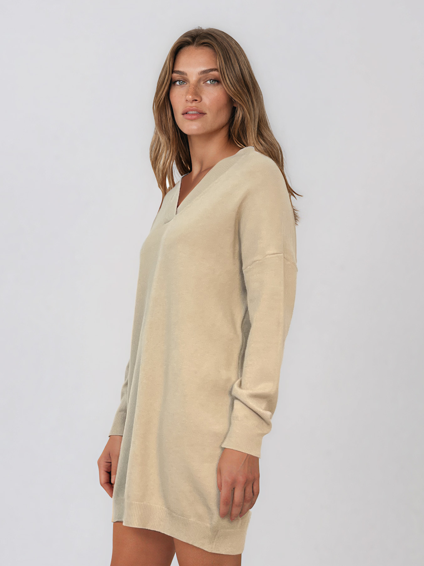 Rochie tip pulover cu decolteu în V crem HL246