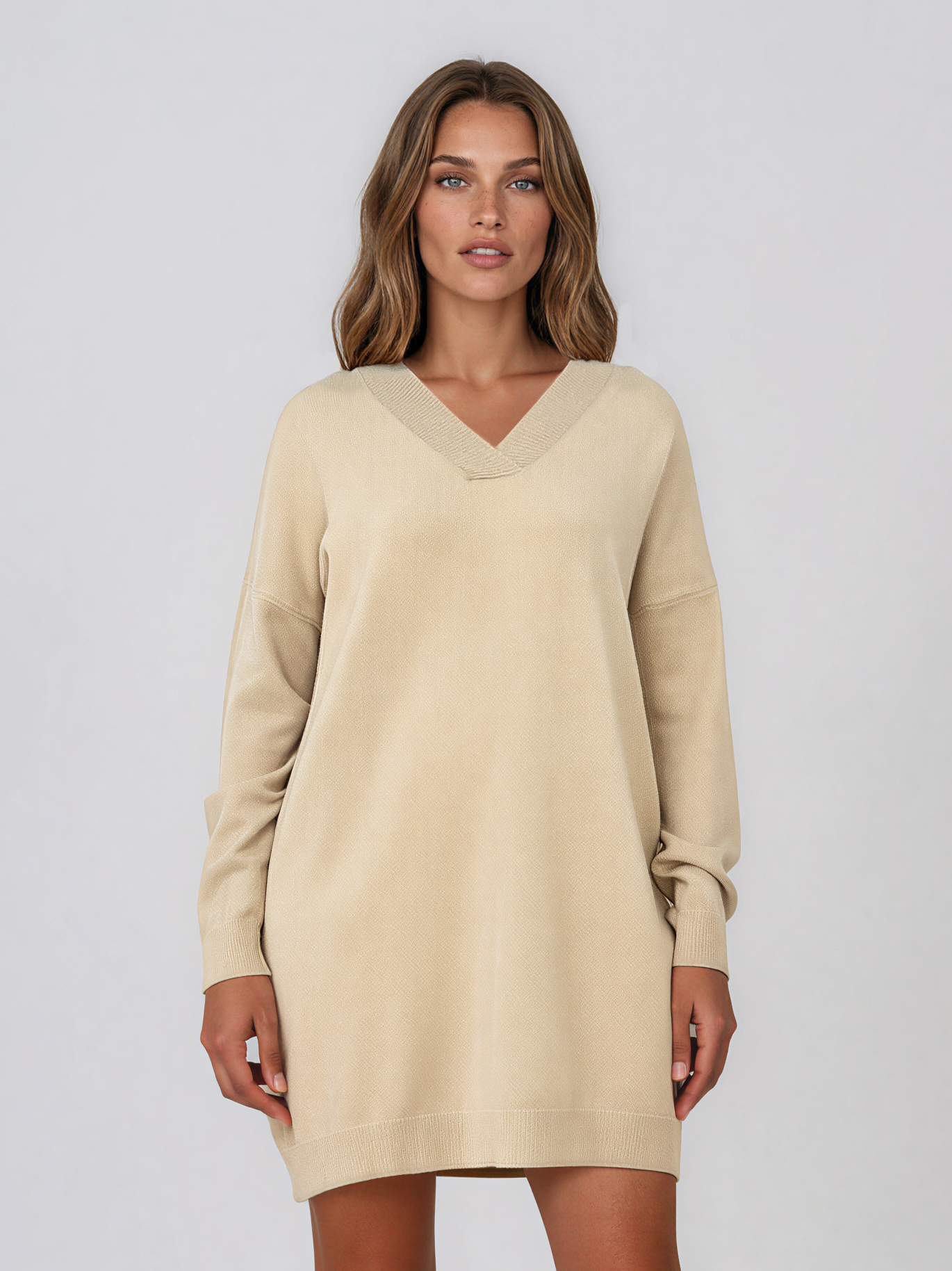 Rochie tip pulover cu decolteu în V crem HL246