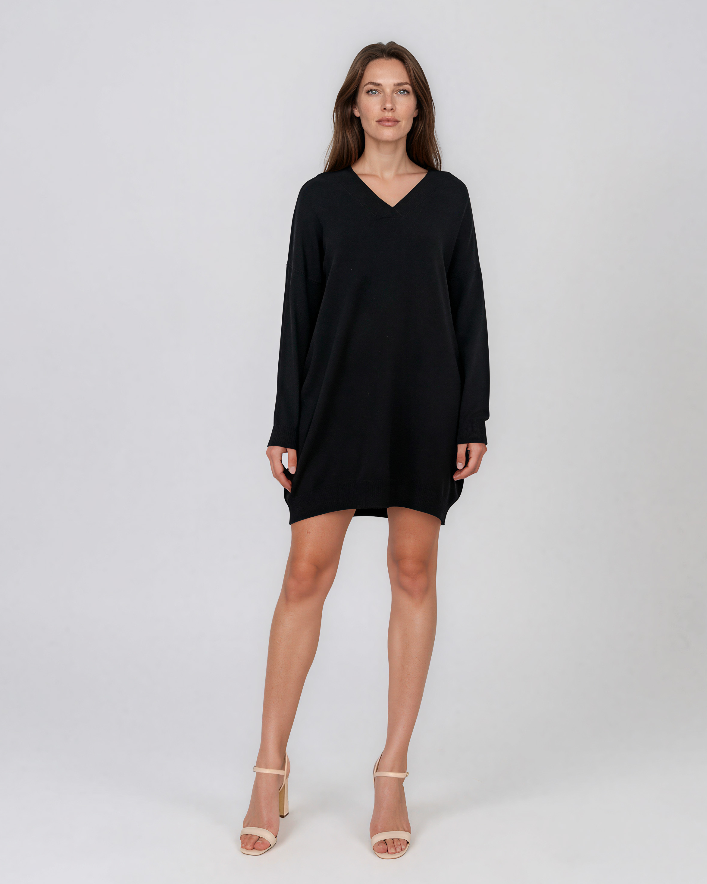 Rochie tip pulover cu decolteu în V negru HL246