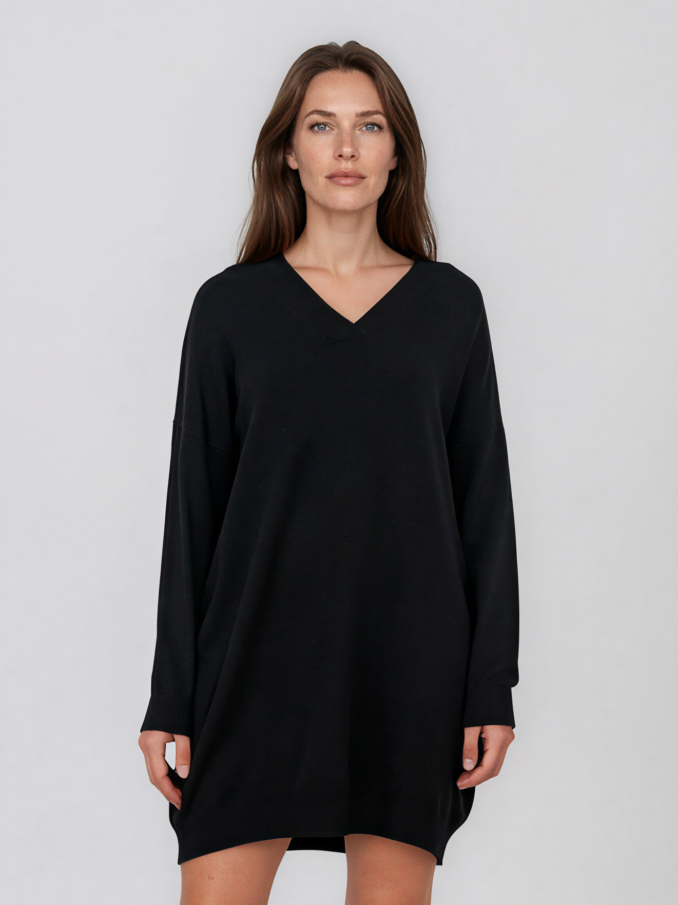 Rochie tip pulover cu decolteu în V negru HL246