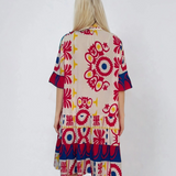 Rochie vaporoasă cu print floral și mânecă clopot ciclam 