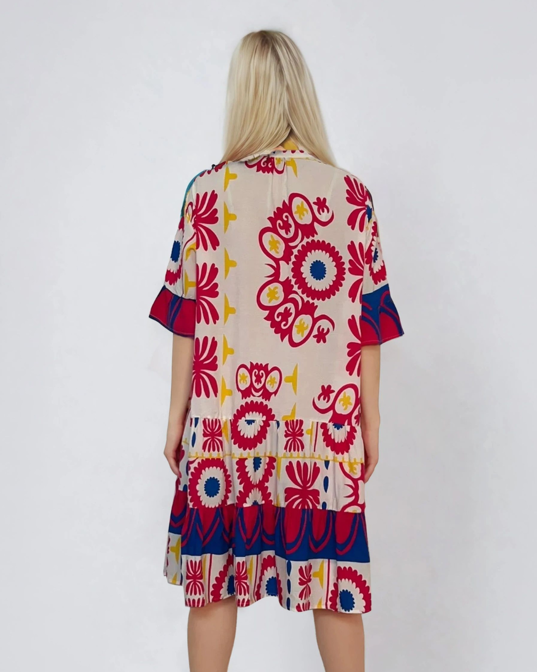 Rochie vaporoasă cu print floral și mânecă clopot ciclam 