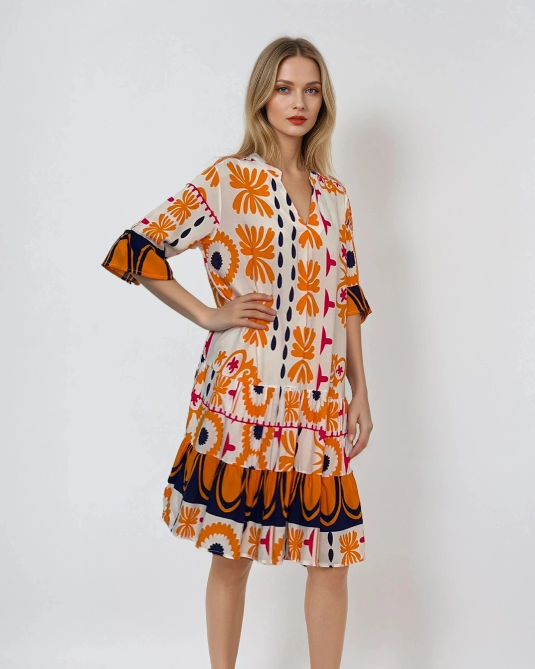 Rochie vaporoasă cu print floral și mânecă clopot portocaliu 