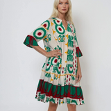 Rochie vaporoasă cu print floral și mânecă clopot verde 