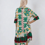 Rochie vaporoasă cu print floral și mânecă clopot verde 