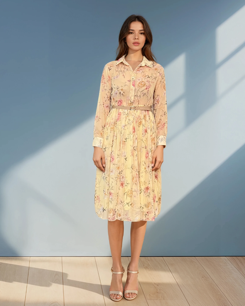 Rochie vaporoasă din voal cu guler tip cămașă și print floral galben 
