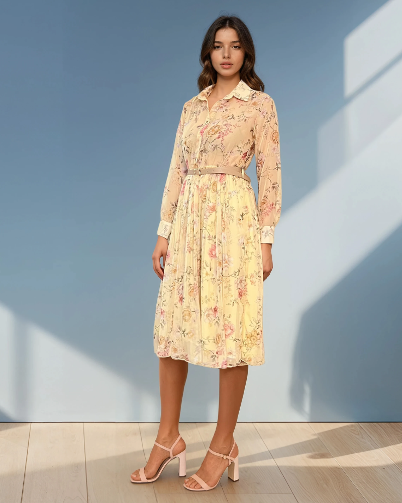 Rochie vaporoasă din voal cu guler tip cămașă și print floral galben 