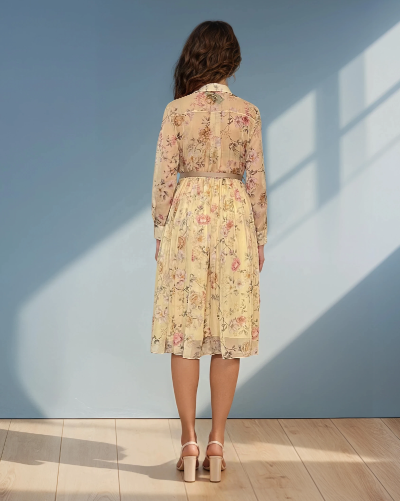 Rochie vaporoasă din voal cu guler tip cămașă și print floral galben 