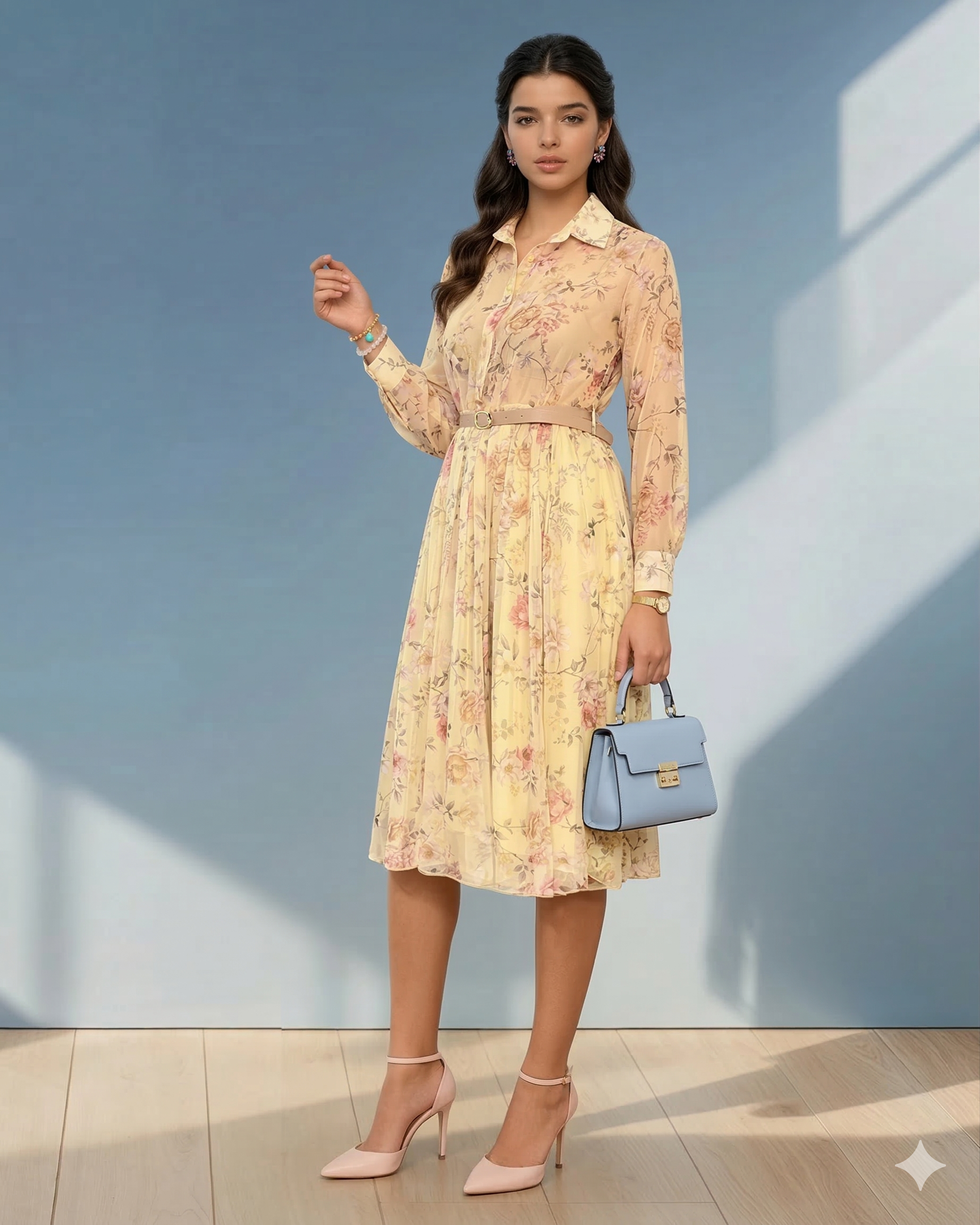 Rochie vaporoasă din voal cu guler tip cămașă și print floral galben 