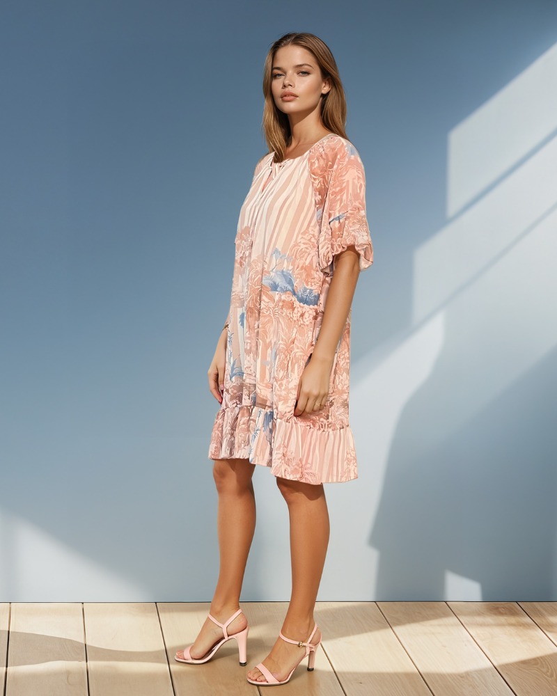 Rochie vaporoasă florală cu volan și mâneci 3/4 beige HL063