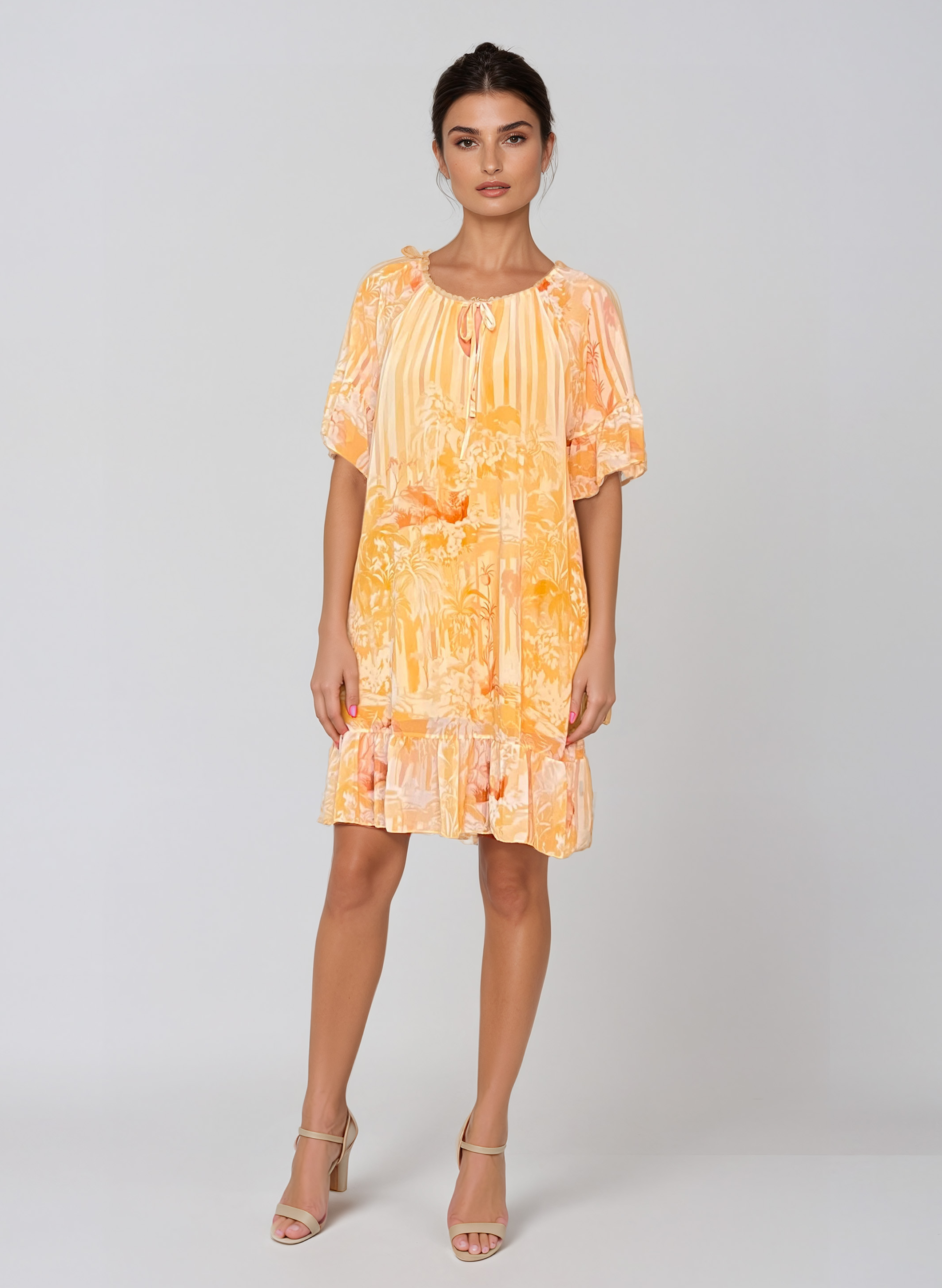 Rochie vaporoasă florală cu volan și mâneci 3/4 galben HL063