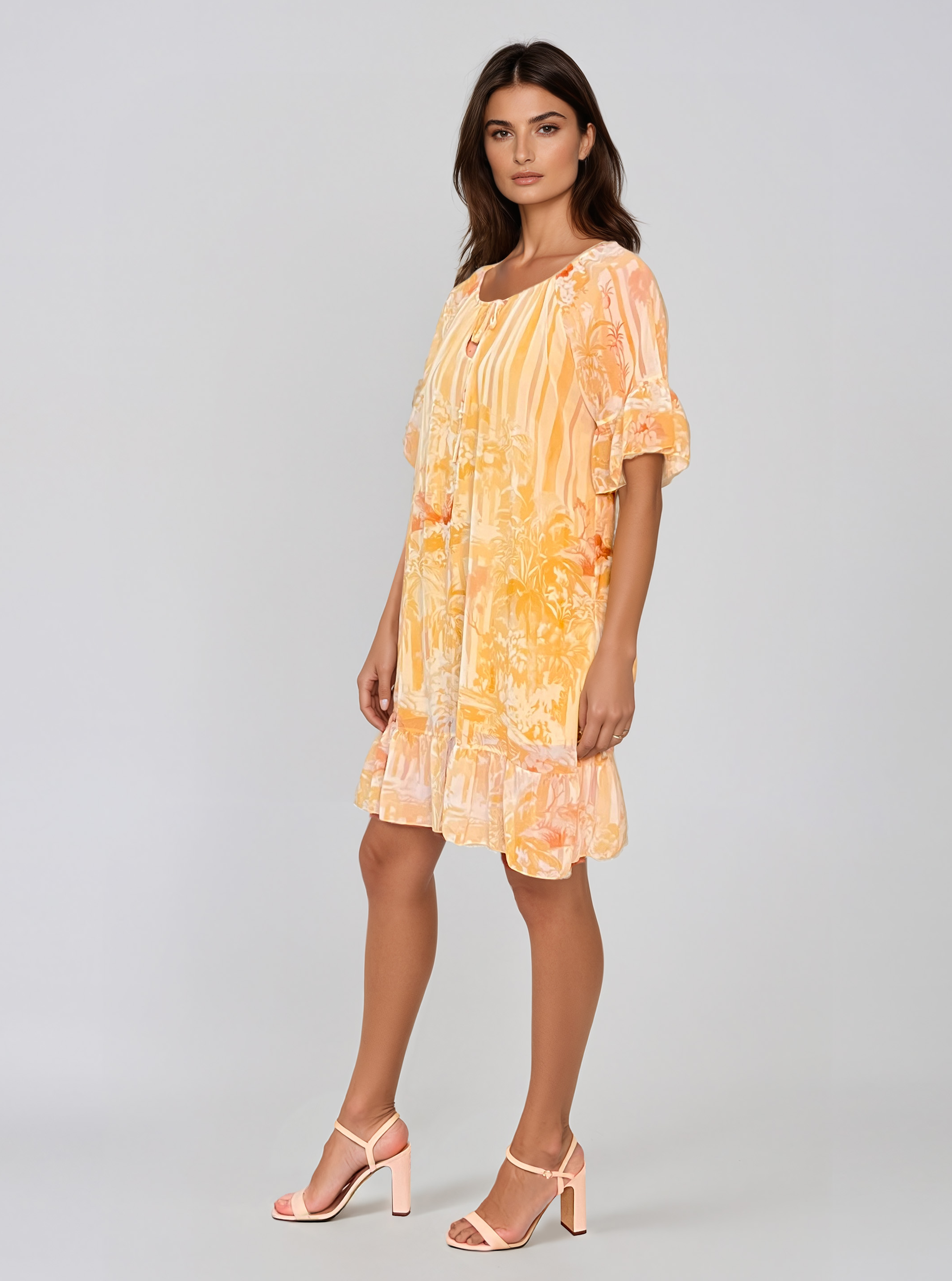 Rochie vaporoasă florală cu volan și mâneci 3/4 galben HL063