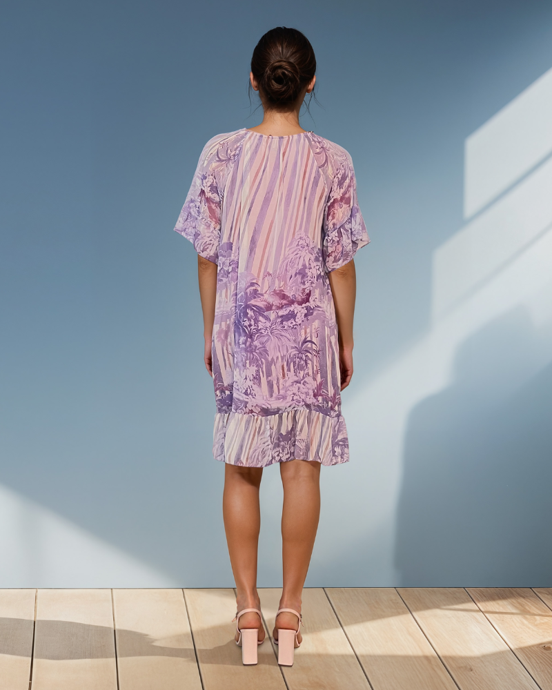 Rochie vaporoasă florală cu volan și mâneci 3/4 lila HL063