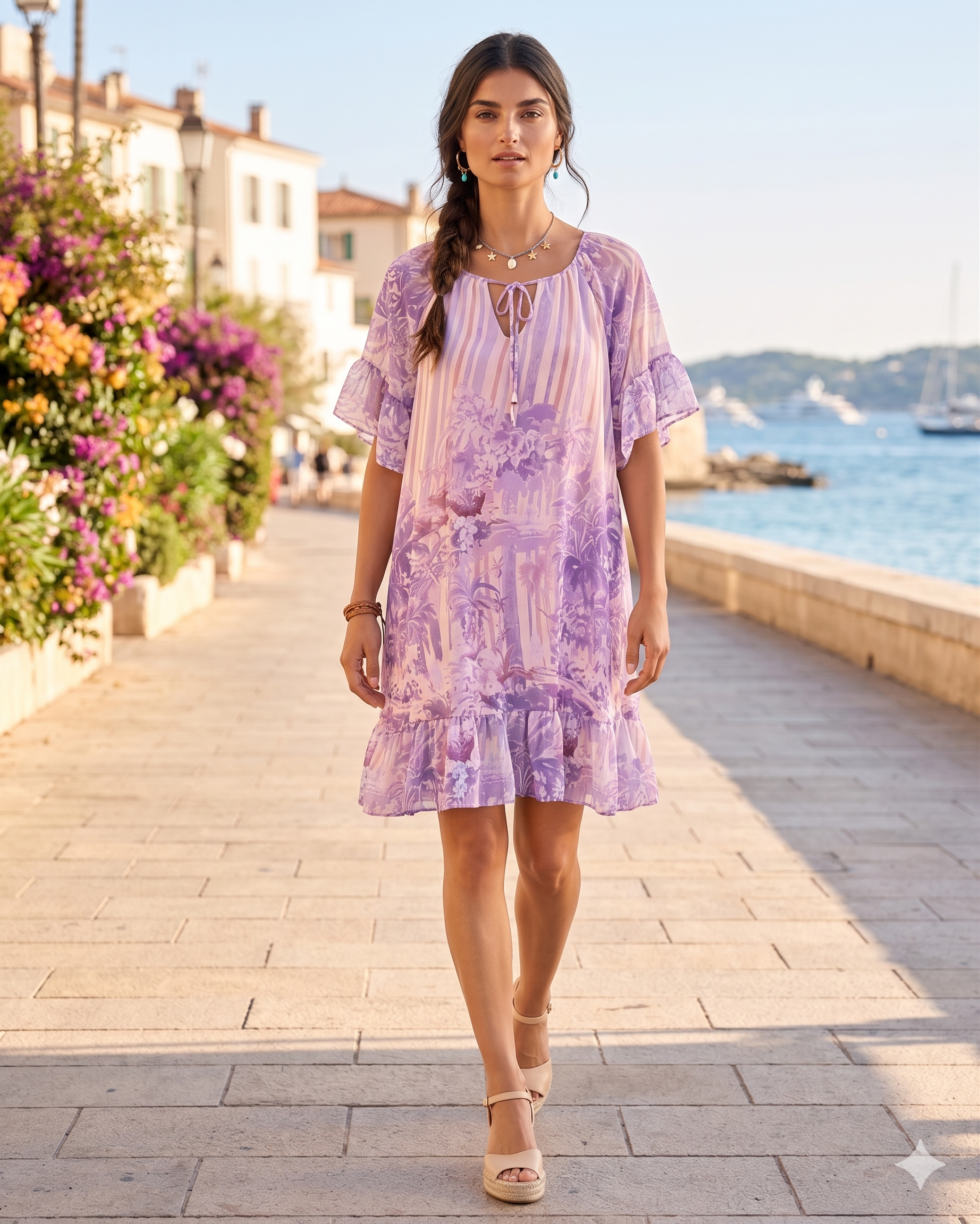 Rochie vaporoasă florală cu volan și mâneci 3/4 lila HL063