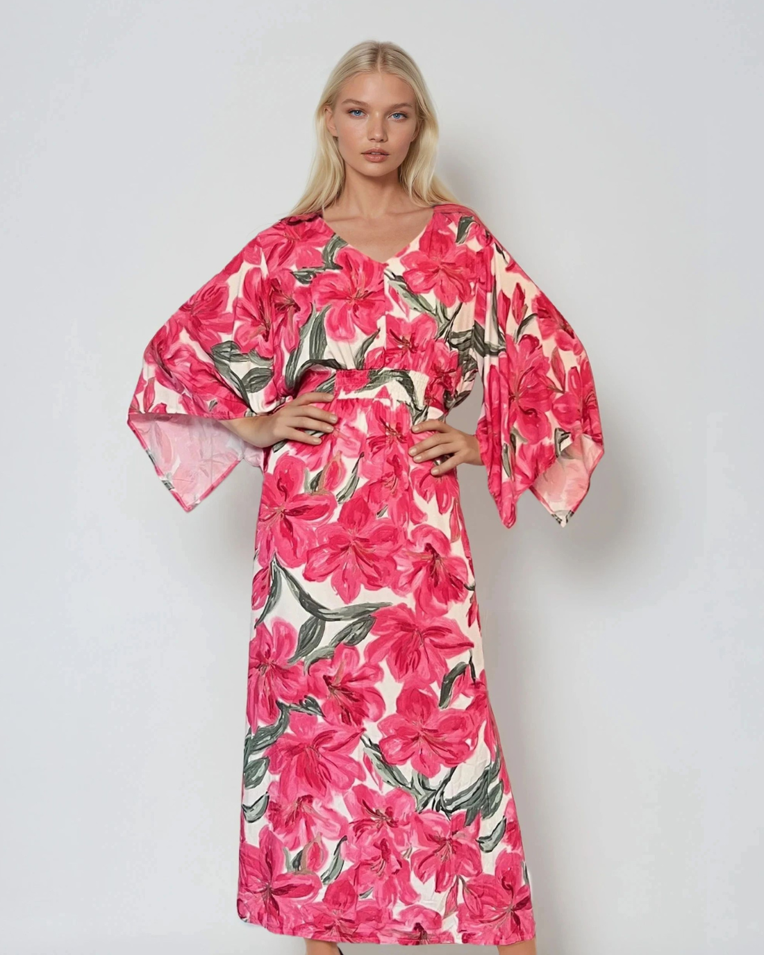 Rochie vascoza cu maneca larga si print floral-Ciclam 