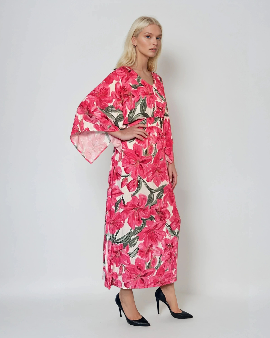Rochie vascoza cu maneca larga si print floral-Ciclam 