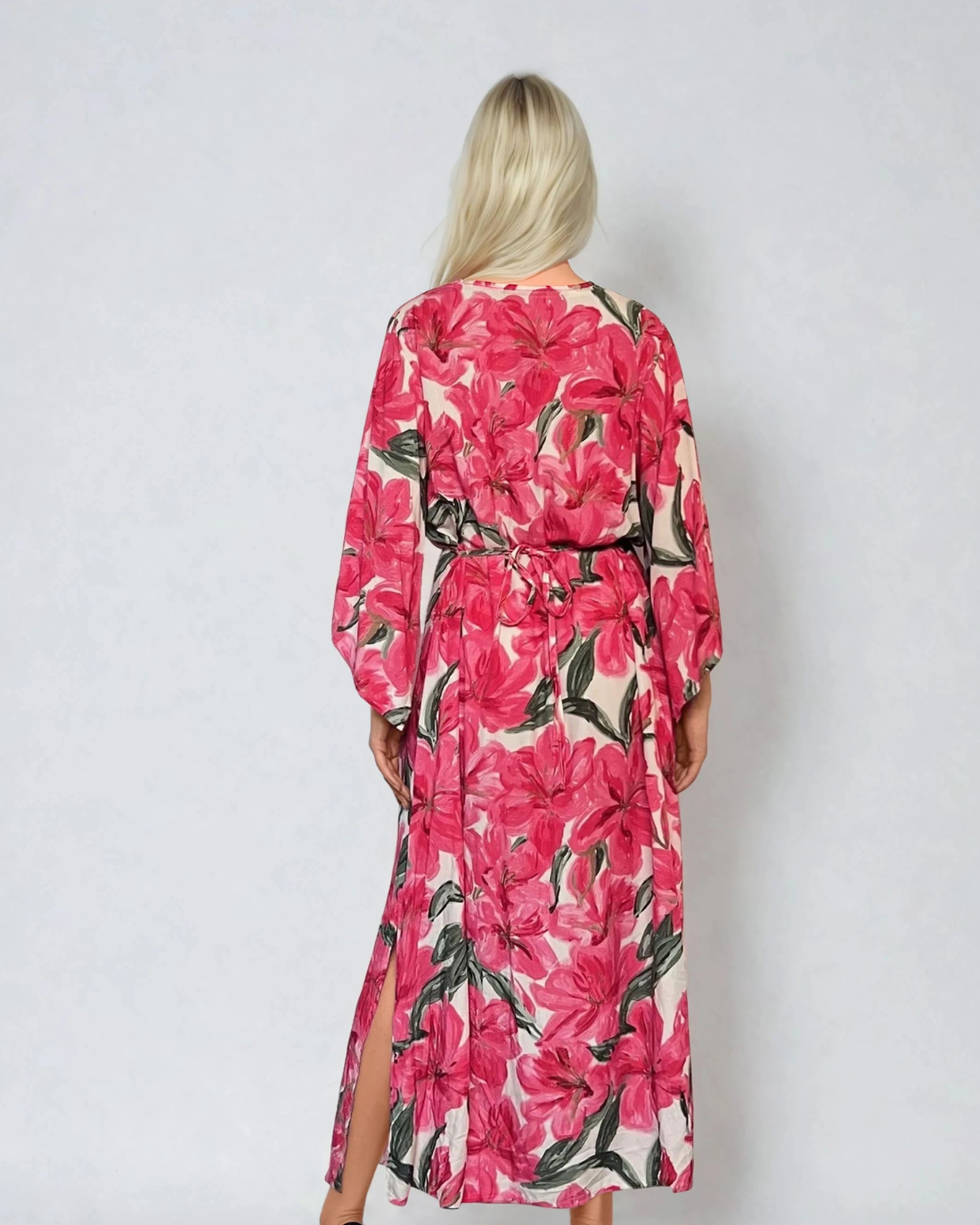 Rochie vascoza cu maneca larga si print floral-Ciclam 