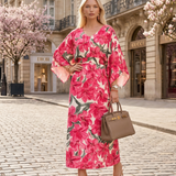 Rochie vascoza cu maneca larga si print floral-Ciclam 